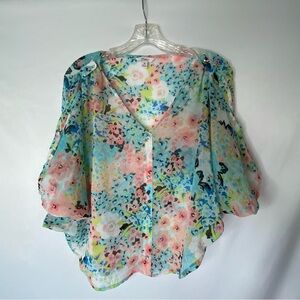 CANDIES WOMENS SHORT SLEEVE FLORAL SHEER BLOUSE SZ M SHORT WAISTED FLOWY SALMON